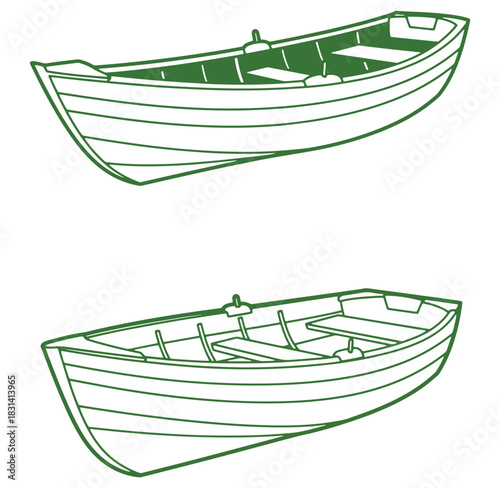 Green line art illustrations of two different wooden rowing boats for nautical designs