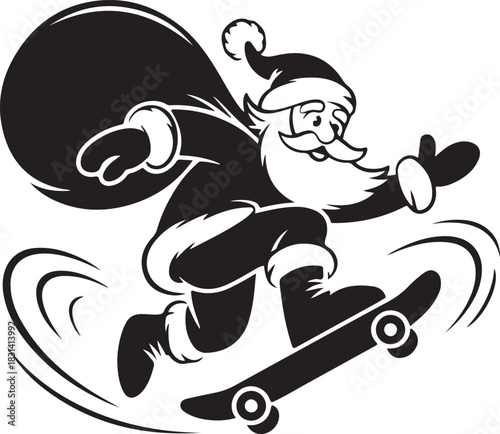 Santa Claus in silhouette performing a skateboard trick with a gift bag