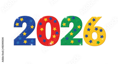 Colorful numbers 2026 decorated with stars isolated on