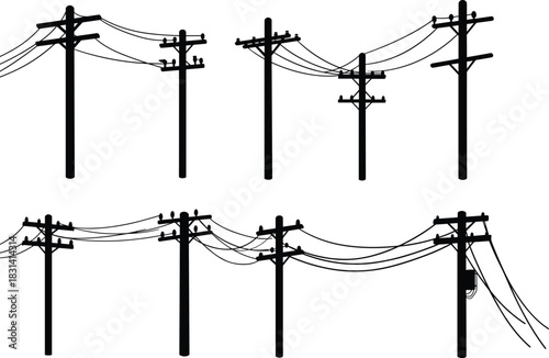 Flat vector illustration of utility poles with transformers, insulators, power lines, brick bases, urban infrastructure silhouette