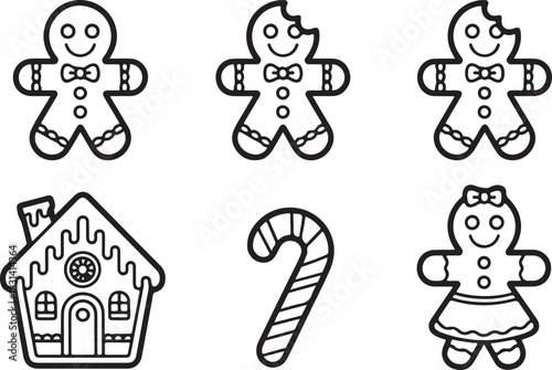 Set of christmas gingerbread man cookie icons, candy cane, and gingerbread house isolated on white background silhouette graphics elements
