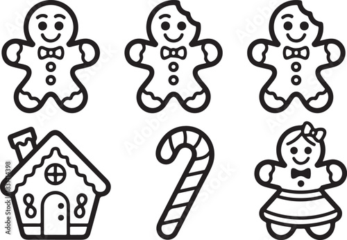 Set of christmas gingerbread man cookie icons, candy cane, and gingerbread house isolated on white background silhouette graphics elements