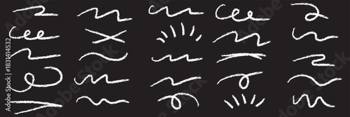 Hand drawn marker strokes set. Black paint brush lines, underlines and squiggles. White line and Black Background. EPS 10.