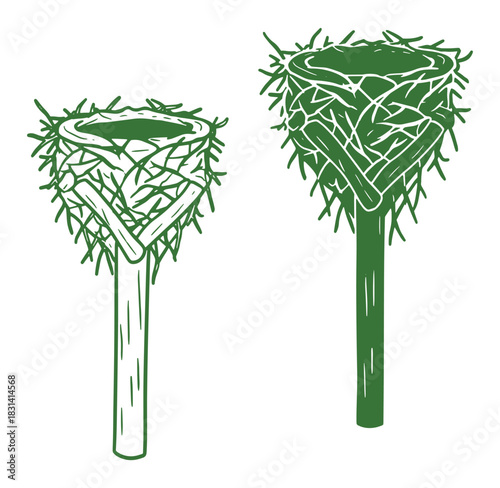 Green vector illustration of two simple bird nests on wooden posts isolated