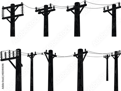 Flat vector illustration of wooden utility poles with insulators, crossarms, power lines, urban electrical infrastructure silhouette