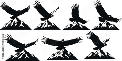 flavector black eagle silhouettes above stylized mountain peaks in geometric and naturalistic vector styles
