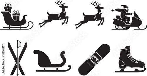 Silhouette icons of a sleigh with gifts, two reindeer, santa on a snowmobile, skis, a sled, a snowboard, and ice skates, representing winter sports and holiday themes.