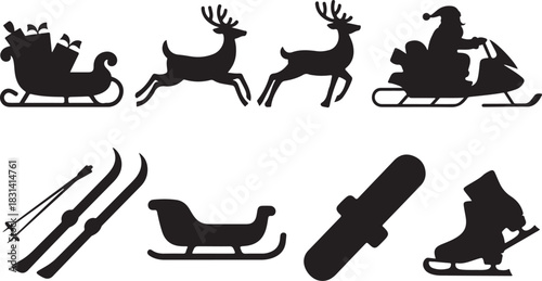 Silhouette icons of a sleigh with gifts, two reindeer, santa on a snowmobile, skis, a sled, a snowboard, and ice skates, representing winter sports and holiday themes.