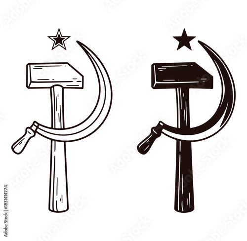 Hand drawn illustration of the iconic hammer and sickle symbol with a five pointed star