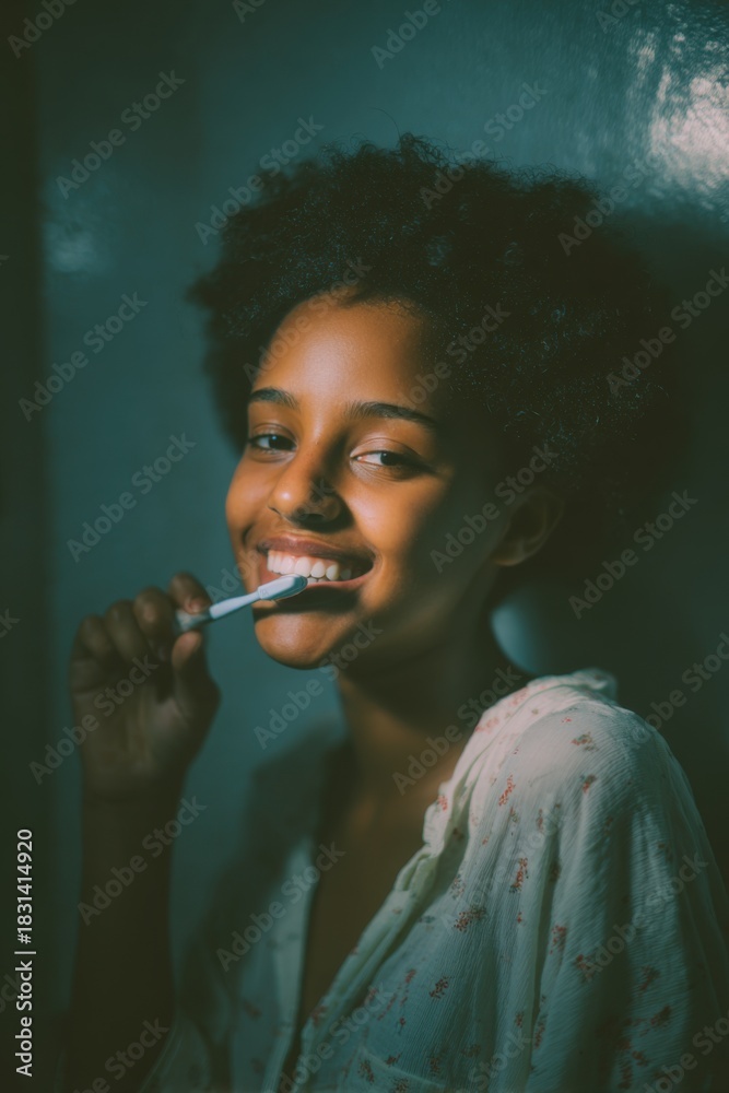 Fototapeta premium Young african girl brushing her teeth.