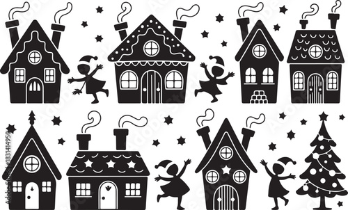 Fotografia Silhouette illustration of winter holiday scene with houses elves and christmas