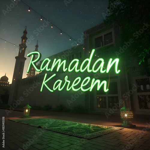 Ramadan Kareem Night Scene: Glowing Islamic Text & Mosque Illumination on transparent background