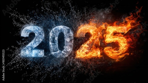  GOOD-BYE 2025 with the left side frozen in ice and the right side on fire with flames old year up in flames