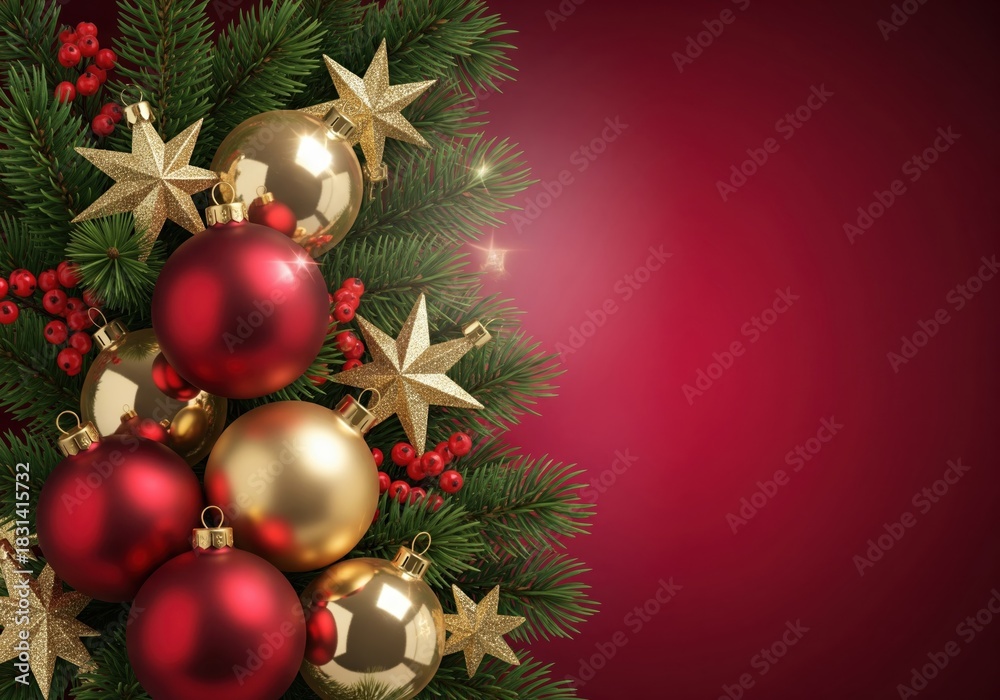 Obraz premium Christmas arrangement with red and gold ornaments, stars, and berries on fir branches against a red background.