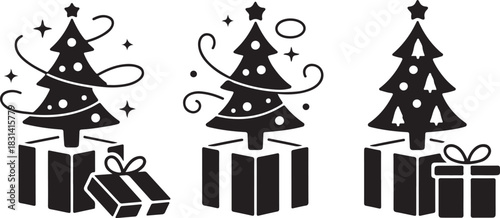 Three christmas trees emerging from gift boxes silhouette