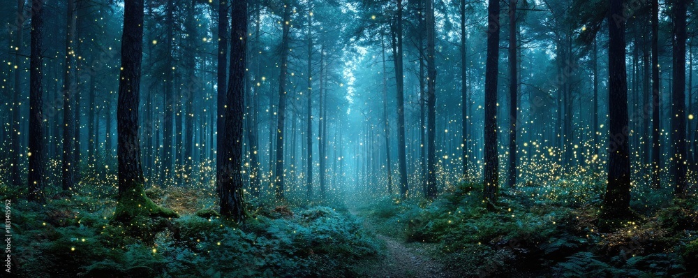 Obraz premium A deep forest with ghostly forms at dusk concept. Mystical forest with glowing lights and serene ambiance at dusk.