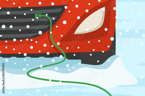 Car driving rules and tips in winter season. Close-up of a car plugged in to an engine block heater. Flat vector illustration template.