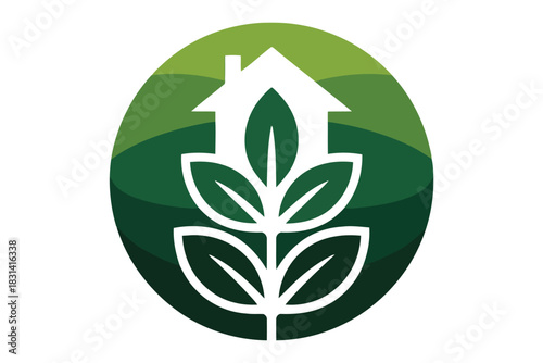 White house silhouette with green leaves and layered green circle background home building