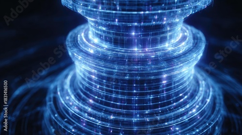 Colored layers arranged in 3D stack concept. Futuristic digital structure with glowing blue wireframe patterns.