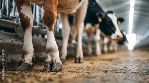 Close-up of cows standing in a barn, showcasing their hooves and legs, farm life.