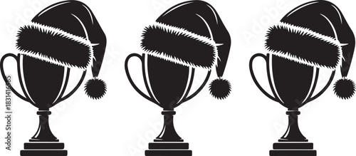 Three trophies wearing santa hats celebrating holiday victories silhouette