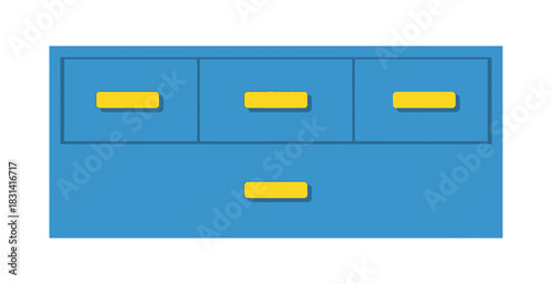 A flat design vector illustration of a blue filing cabinet with yellow handles, isolated on a white background.