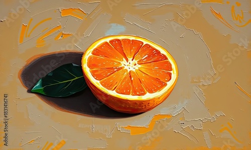 Artistic Impasto Oil Painting of Fresh Sliced Orange Fruit with Green Leaf on Textured Beige Background