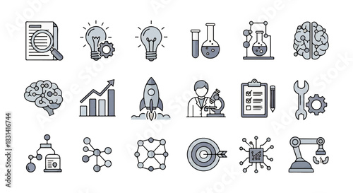 Science and Technology Icon Set Innovation, Research, and Development for Creative Projects