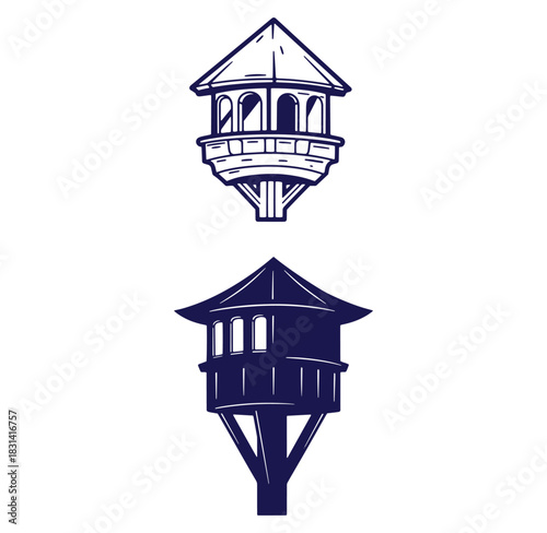 Two detailed illustrations of an asian style architectural structure in black and white