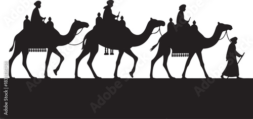 Three wise men camels silhouette vector illustration christmas nativity scene
