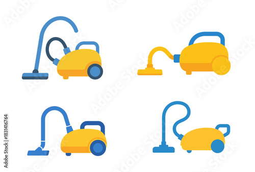 Four illustrations of yellow canister vacuum cleaners with blue hoses and cleaning attachments.