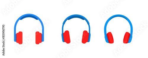 Three pairs of blue and red headphones shown from different angles in a row on a plain white background.