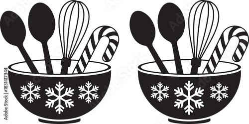 Two festive christmas baking bowls filled with utensils and candy canes silhouette