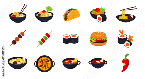 Collection of delicious food illustrations, showcasing diverse culinary delights in a vibrant and appealing manner