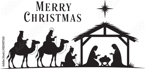 Vector illustration Birth of Christ, baby Jesus reaching the Magi bear gifts, three wise kings and star of bethlehem, nativity christmas graphics design elements