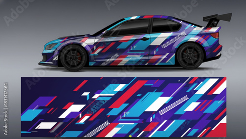 Custom car wrap design with abstract geometric shapes in vibrant colors.