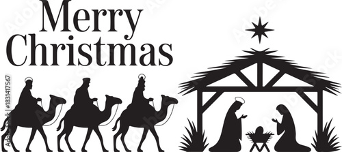 Vector illustration Birth of Christ, baby Jesus reaching the Magi bear gifts, three wise kings and star of bethlehem, nativity christmas graphics design elements