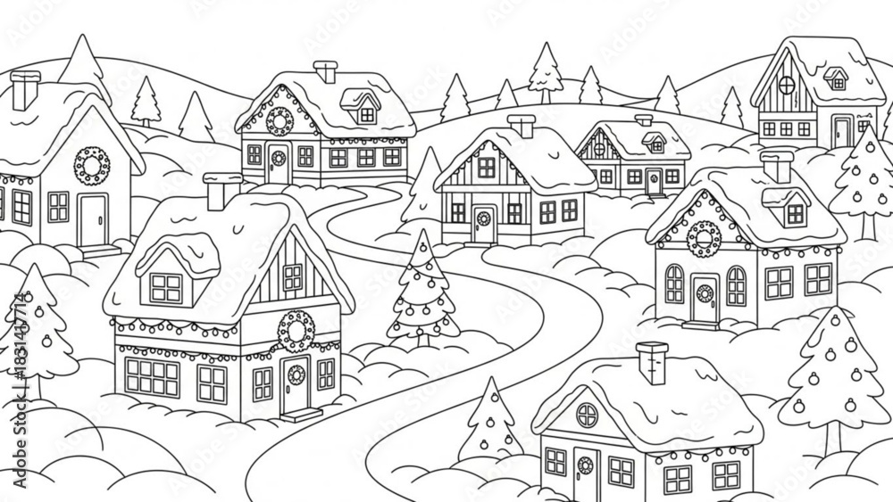 Obraz premium Winter village coloring page christmas scene holiday houses trees snow seasonal activity for children and adults