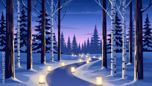 Winter wonderland landscape illustration with snowy forest and candlelit path for christmas season