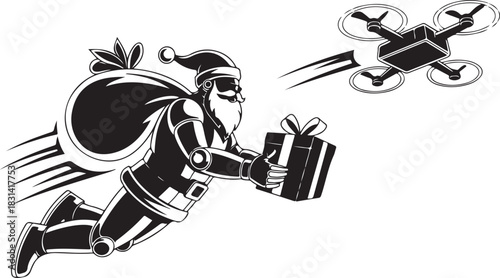 Vector silhouette of a robot Santa delivering presents with drones