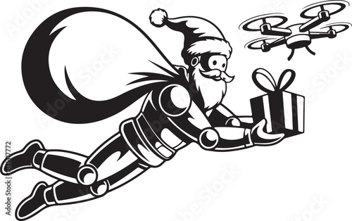Vector silhouette of a robot Santa delivering presents with drones
