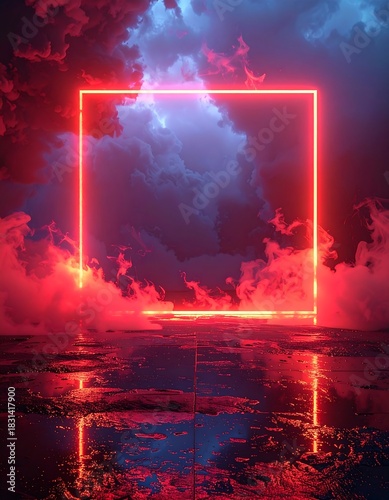 Glowing square frame floats above reflective surface, surrounded by clouds