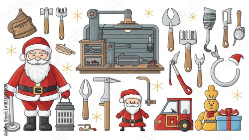 Santa workshop tools christmas holiday season festive celebration crafting diy projects and gifts vector art