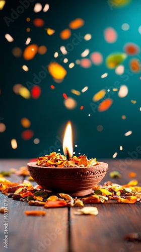 Illuminated Diya with Falling Petals.