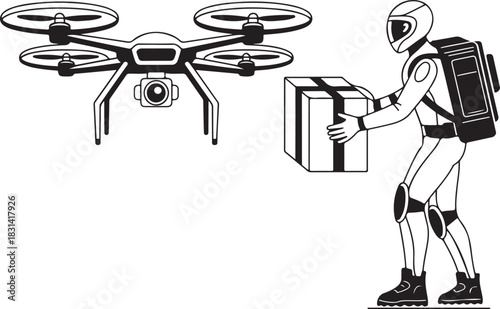 Vector silhouette of a robot Santa delivering presents with drones