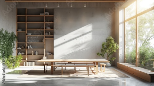 Sunlit minimalist dining area with a long wooden table, built-in shelves, and large windows overlooking greenery.