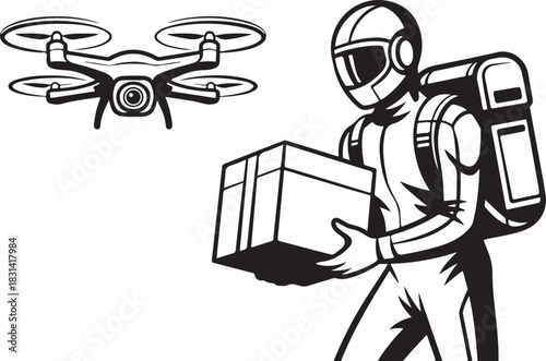 Vector silhouette of a robot Santa delivering presents with drones