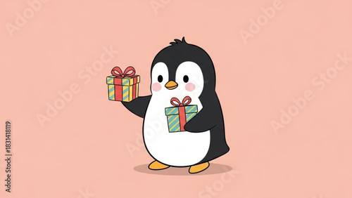 Cute penguin holding gifts cartoon illustration for christmas holiday season vector graphic design artwork