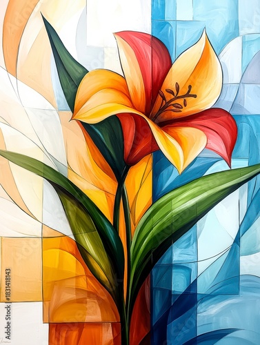 Abstract Lily Flower Painting in Cubist Style