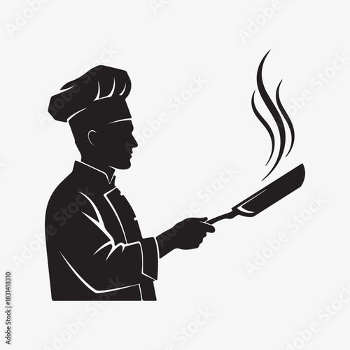Silhouette of chef in toque holding frying pan with steam